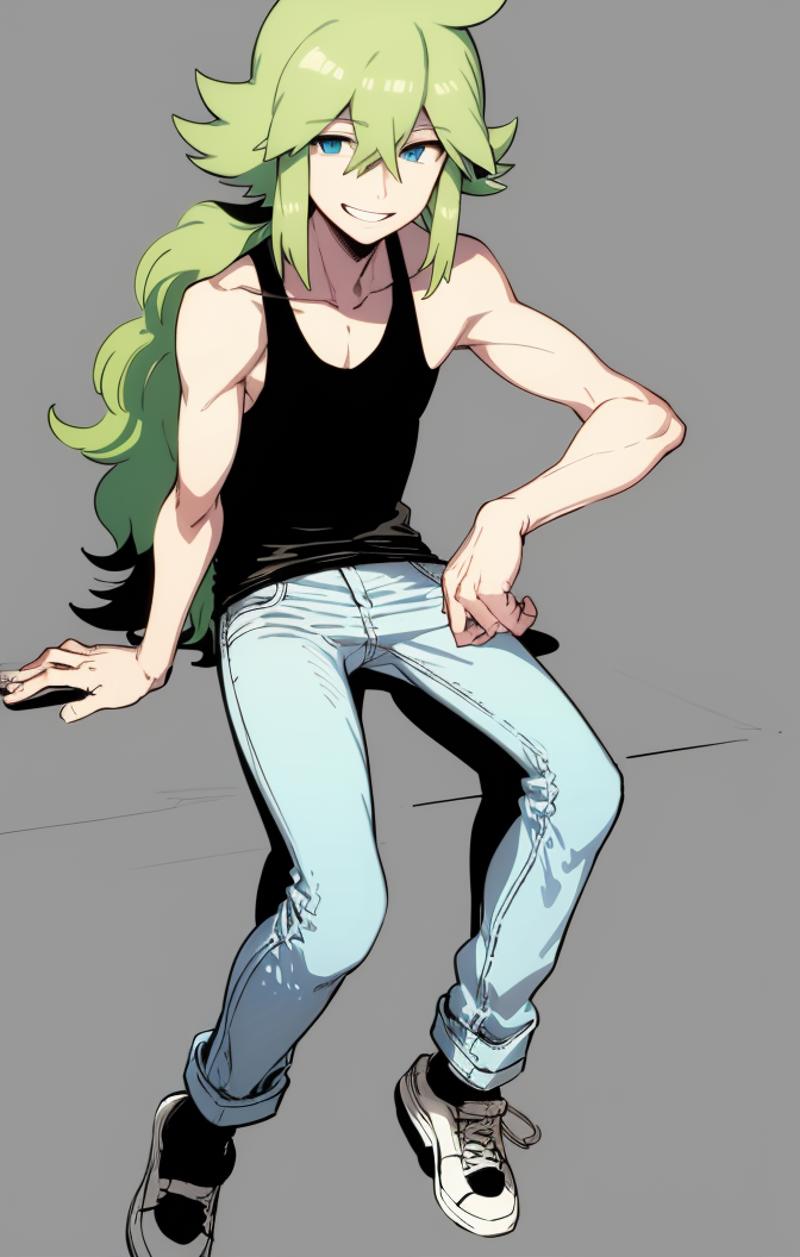 40706-2286134738-flat shading, simple shading, limited palette, sitting, legs spread, jeans, tanktop, toned male, natural harmonia gropius [pokem.png